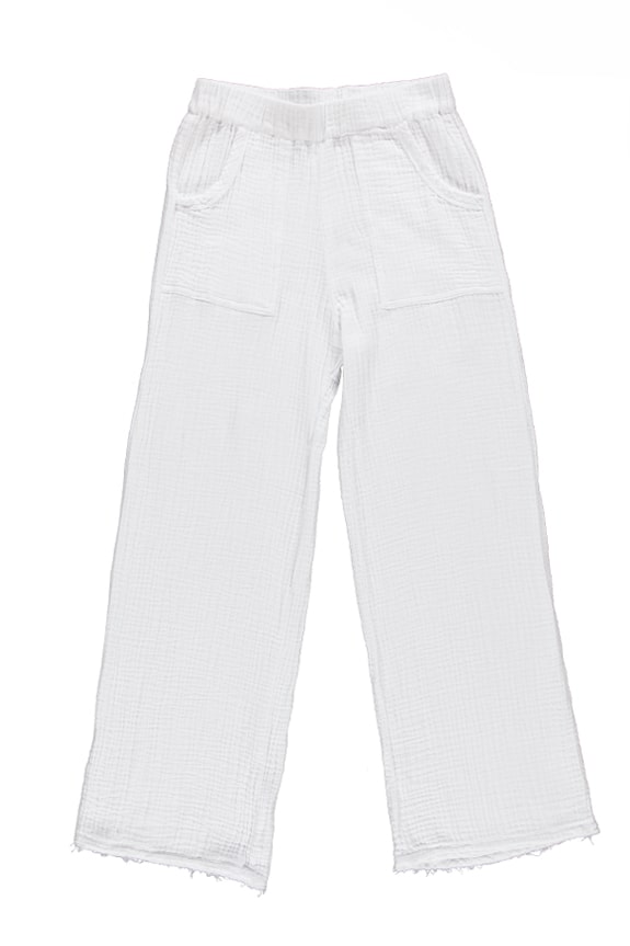 Sea Me Happy Fiji Pants white, with raffles and pockets.